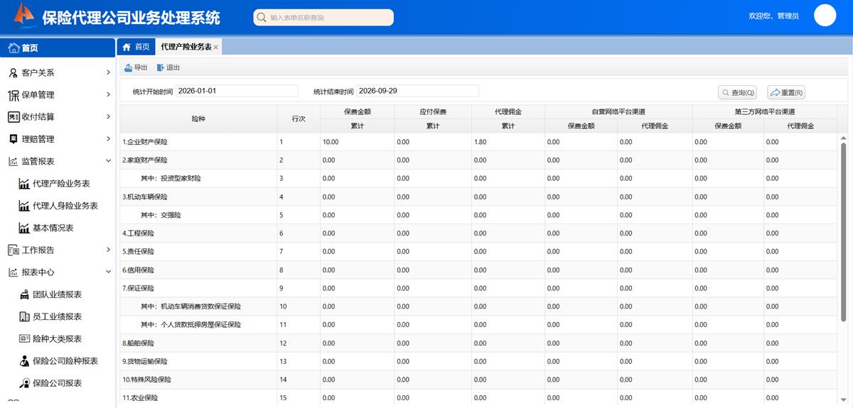 保险代理公司业务处理系统 - 报表中心界面截图